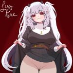  1girl absurdres black_dress blunt_bangs breasts clothes_lift cross cross_necklace demon_girl demon_horns dress dress_lift english_commentary garter_straps grey_hair highres horns indie_virtual_youtuber inverted_cross inverted_cross_necklace jewelry large_breasts long_hair looking_at_viewer lucy_pyre melodyoneechan necklace pointy_ears pussy red_background red_eyes red_nails solo thighs virtual_youtuber 