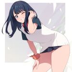 1girl adjusting_hair black_hair black_shirt black_skirt blue_eyes blush bow bowtie commentary_request cowboy_shot gridman_universe gridman_universe_(movie) hand_in_own_hair hand_on_own_thigh hand_up highres leaning_forward long_hair looking_at_viewer microskirt minato_asuka miniskirt one_eye_closed orange_scrunchie parted_lips pleated_skirt red_bow red_bowtie school_uniform scrunchie shirt simple_background skirt smile solo ssss.gridman standing sweater sweater_vest swept_bangs takarada_rikka thick_thighs thighs white_sweater white_sweater_vest wrist_scrunchie 