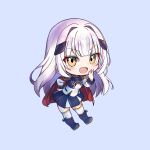  1girl absurdres akua_(akua326326326) blue_background boots cape chibi chibi_only commentary_request hair_intakes hair_ornament hand_on_own_hip highres long_hair military_uniform open_mouth original pleated_skirt red_cape skindentation skirt solo very_long_hair yellow_eyes 
