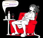 1girl absurdres bang_dream! bang_dream!_yumemita bathrobe black_background blush bottle breasts chair chinese_commentary chinese_text cleavage closed_eyes commentary_request cup drinking_glass hair_rings highres holding holding_cup limited_palette long_hair medium_breasts parted_lips qiyue_qi single_hair_ring sitting slippers smile snake solo three-quarter_sleeves translation_request undressing viola_(bang_dream!) voice_recorder wine_bottle wine_glass 