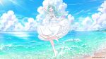  1girl :d ahoge arm_up bare_legs barefoot beach bird blue_hair blue_nails blue_sky blue_streaks bow breasts choker cloud cloudy_sky commentary company_name contrail copyright_notice criss-cross_halter day dress full_body hair_ornament hairclip halter_dress halterneck henceforth_(vocaloid) horizon lens_flare multicolored_hair muto_(n0sug4r) nail_polish nijisanji ocean official_alternate_costume official_art open_mouth outdoors sample_watermark sand sky sleeveless sleeveless_dress smile solo standing standing_on_one_leg streaked_hair summer tamanoi_nana virtual_youtuber wading water watermark white_bow white_choker white_dress yellow_eyes 