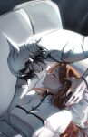  1boy 1girl artist_name black_hair black_nails black_trim bleach blush breasts brown_hair closed_eyes dress facial_mark fake_horns hair_between_eyes hair_ornament hand_in_another's_hair helmet hetero highres horned_helmet horns imminent_kiss inoue_orihime jacket juliet_sleeves keitoz large_breasts long_sleeves nail_polish parted_bangs parted_lips puffy_sleeves snowflake_hair_ornament ulquiorra_cifer upper_body white_dress white_jacket 