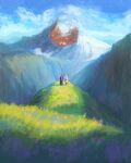  2girls absurdres black_coat blue_sky capelet coat dy.jpeg fern_(sousou_no_frieren) frieren from_behind grass grey_hair hair_ornament hairclip highres holding holding_staff long_coat long_hair mountain multiple_girls outdoors purple_hair skirt sky sousou_no_frieren staff standing twintails white_capelet white_skirt 