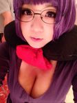  1girl asian blue_eyes breasts cleavage elite_four glasses large_breasts photo plump pokemon pokemon_bw purple_hair shikimi_(pokemon) shikimi_(pokemon)_(cosplay) solo wakamu 