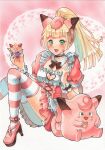 1girl :d alternate_costume animal_ears blonde_hair blush bow bowtie brown_bow brown_bowtie clefairy commentary_request dress eyelashes green_eyes hairband high_heels holding lillie_(pokemon) long_hair open_mouth pink_dress pink_hairband pink_shoes pokemon pokemon_(creature) pokemon_sun_and_moon shoes short_sleeves smile striped_clothes striped_thighhighs thighhighs tomo115 traditional_media 