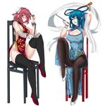  adapted_costume alternate_costume arm_up bandages black_legwear blue_dress blue_eyes blue_hair blue_lipstick blush breasts bun_cover chain chair china_dress chinese_clothes cleavage_cutout contrast double_bun dress floral_print flower full_body hair_bun hair_ornament hair_rings hair_stick high_heels ibaraki_kasen kaku_seiga kiseru large_breasts leg_up lips lipstick looking_at_viewer makeup multiple_girls naked_tabard panties panties_under_pantyhose pantyhose panzer pink_hair pipe pointy_ears red_eyes shawl simple_background sitting sleeveless smile tabard thighhighs touhou underwear white_background 
