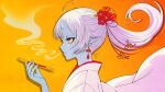 1girl absurdres ahoge bell blue_lips blue_oni blue_skin bright_pupils colored_skin commentary earrings english_commentary eyeliner flower from_side hair_flower hair_ornament highres horns indie_virtual_youtuber japanese_clothes jewelry jingle_bell kimono kuu_(kuutuber) kuutuber long_hair makeup oni orange_background pointy_ears ponytail red_flower skin-covered_horns smoke solo star-shaped_pupils star_(symbol) symbol-shaped_pupils virtual_youtuber white_hair white_kimono white_pupils yellow_eyeliner 
