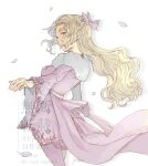  1girl alternate_legwear artist_name blonde_hair blue_eyes bow breasts closed_mouth commentary_request cowboy_shot dissidia_duellum_final_fantasy dissidia_final_fantasy dress earrings falling_petals final_fantasy final_fantasy_vi flower fur-trimmed_dress fur_trim hair_bow hair_flower hair_ornament half_updo highres jewelry long_hair looking_at_viewer medium_breasts official_alternate_costume pantyhose petals pink_bow pink_dress pink_flower pink_pantyhose pink_petals solo terra_branford terra_branford_(blossom_princess) white_background wide_sleeves yuko_rtrt 