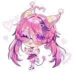  1girl absurdres ahoge blush chibi demon_girl demon_horns earrings frilled_thighhighs frills fur_jacket hair_ornament heart heart_ahoge heart_earrings heart_hair_ornament highres horns ironmouse ironmouse_(trickstar) jacket jewelry long_hair looking_at_viewer miracle_(waaaracle) multicolored_hair one_eye_closed pink_hair pink_skirt pink_thighhighs purple-tinted_eyewear purple_hair purple_thighhighs skirt solo streaked_hair thighhighs tinted_eyewear tongue tongue_out virtual_youtuber vshojo white_jacket 