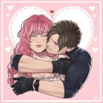  1boy 1girl apeo0r black_gloves blue_eyes blue_shirt blunt_bangs brown_hair closed_eyes commentary commission dress english_commentary frilled_dress frills gloves head_on_another's_shoulder heart highres hug hug_from_behind leon_s._kennedy looking_at_another oc_x_canon one_eye_closed original pink_hair resident_evil resident_evil_requiem shirt short_hair smile tight_clothes tight_shirt toned toned_male upper_body watch white_dress wristwatch 