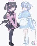  2girls absurdres angel angel_wings apron asymmetrical_legwear ball_and_chain_(weapon) bare_shoulders black_bow black_bowtie black_hair black_shoes black_skirt black_thighhighs black_wings blood blood_on_weapon blood_splatter blue_dress blue_eyes blue_hair blue_shoes blush blush_stickers bow bowtie colored_blood commentary_request cute_weapon demon_girl demon_horns dress fake_halo feathered_wings full_body grin hair_ornament halo heart highres holding holding_ball_and_chain_(weapon) holding_wand holding_weapon horns index_finger_raised jersey_maid jirai_kei jitome leg_warmers long_hair long_sleeves looking_at_viewer low_wings magical_girl maid mary_janes multicolored_hair multiple_girls nial o-ring off-shoulder_shirt off_shoulder original pink_blood pink_bow pink_eyes pink_hair pink_shirt pointing pointing_at_self shirt shoes short_hair simple_background single_blush_sticker skirt sleeves_past_wrists smile sneakers spiked_ball_and_chain standing tenshi_kaiwai thighhighs two-tone_hair two_side_up unconventional_maid uneven_legwear wand weapon white_apron white_background white_leg_warmers wings zettai_ryouiki zipper zipper_dress 