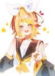  1girl aqua_eyes black_sailor_collar black_sleeves blonde_hair bow breasts cropped_torso detached_sleeves hair_bow hair_ornament hairclip highres himaema47308 kagamine_rin looking_at_viewer neckerchief open_mouth parallel_hairclips sailor_collar shirt short_hair simple_background sleeveless sleeveless_shirt small_breasts smile star_(symbol) teeth upper_teeth_only v vocaloid white_background white_bow white_shirt yellow_neckerchief yellow_trim 
