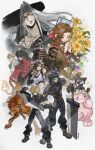  3girls 6+boys absurdres aerith_gainsborough animal animal_earrings animal_on_head arm_tattoo armor ascot baggy_pants bare_shoulders barret_wallace beard belt black_bra black_coat black_gloves black_hair black_pants black_shirt black_skirt black_wings blonde_hair blue_jacket boots bra braid braided_ponytail breasts brown_belt brown_boots brown_gloves brown_hair brown_vest buster_sword cait_sith_(ff7) cape cat cat_on_head chest_strap choker cid_highwind claws cloak closed_eyes closed_mouth cloud_strife coat commentary creature crop_top cross_scar crown dark-skinned_male dark_skin dog_tags elbow_gloves facial_hair facial_mark fangs fangs_out final_fantasy final_fantasy_vii final_fantasy_vii_rebirth final_fantasy_vii_remake fingerless_gloves fire flame-tipped_tail flower flower_choker full_body gloves goggles goggles_on_head green_eyes green_shirt grey_hair grey_shorts grin gun hair_between_eyes hair_ribbon hair_slicked_back headband highres holding holding_shuriken holding_sword holding_weapon jacket lily_(flower) long_hair materia medium_breasts medium_hair midriff mini_crown moogle multiple_belts multiple_boys multiple_girls muscular muscular_male navel on_head one_eye_closed own_hands_clasped own_hands_together pants parted_lips pauldrons pink_ribbon praying prosthetic_weapon red_cape red_cloak red_eyes red_hair red_headband red_jacket red_xiii ribbed_shirt ribbon scar scar_on_cheek scar_on_face sephiroth shirt short_hair shorts shoulder_armor shuriken sideburns sidelocks single_braid single_pauldron single_wing skirt sleeveless sleeveless_shirt smile sports_bra sunglasses suspenders sword tail tattoo teeth tifa_lockhart tuxedo_cat twitter_username underwear upper_body very_short_hair vest vincent_valentine weapon white_ascot white_background white_gloves white_shirt wings yatgam yellow_flower yuffie_kisaragi zack_fair 
