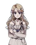  1girl ayami_(love_angel_syndrome) blonde_hair blue_nails blue_streaks breasts butterfly_necklace cleavage cowboy_shot crossed_arms dress game_asset jewelry love_angel_syndrome multicolored_hair narrowed_eyes necklace non-web_source off-shoulder_dress off_shoulder official_art pearl_necklace pink_eyes pink_streaks ribbed_dress self-datamine solo streaked_hair tachi-e transparent_background white_dress 