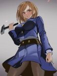  1girl black_pantyhose blue_jacket blue_skirt breasts brown_eyes brown_hair commentary_request from_below gradient_background hammer highres holding holding_hammer holding_nail jacket jujutsu_kaisen jujutsu_tech_uniform kugisaki_nobara looking_at_viewer nail_(hardware) pantyhose rokuba short_hair skirt solo weapon 