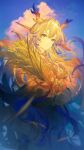  1girl arknights bead_bracelet beads blonde_hair blue_hair blue_sky blurry blurry_foreground bracelet brown_jacket closed_mouth cloud commentary_request crossed_arms dragon_horns gradient_hair green_eyes hair_ornament hair_stick highres holding_wheat horns jacket jewelry korean_commentary limited_palette long_hair looking_to_the_side multicolored_hair necklace saeldam shu_(arknights) sky smile solo 