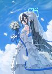  1girl absurdres aqua_halo aris_(blue_archive) back_bow bare_shoulders blue_archive blue_eyes blue_ribbon blue_sky bouquet bow bridal_veil bride cloud commentary day dress drmin158 elbow_gloves flower from_side gloves hair_flower hair_ornament halo highres holding holding_bouquet long_hair looking_at_viewer looking_to_the_side open_mouth outdoors ponytail rectangular_halo revision ribbon ring_of_light_(blue_archive) rose see-through_clothes see-through_veil sky smile solo strapless strapless_dress veil very_long_hair wedding_dress white_bow white_dress white_flower white_gloves white_rose 