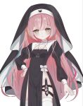  1girl aqua_streaks arm_at_side black_dress black_veil blush bow breasts character_print chromatic_aberration cleavage cleavage_cutout closed_mouth clothing_cutout commentary_request covered_navel cowboy_shot dress dress_bow frown green_eyes green_streaks guimpe hanako_nana hand_on_own_hip heart heart_in_eye heart_necklace highres hongsiiii_030 jewelry juliet_sleeves knife korean_commentary long_hair long_sleeves looking_at_viewer multicolored_hair necklace no_panties nun peto_(hanako_nana) pink_hair puffy_sleeves raised_inner_eyebrows red_streaks sheath sheathed side_slit simple_background small_breasts solo standing stellive straight_hair streaked_hair symbol_in_eye thigh_strap thighhighs veil very_long_hair virtual_youtuber white_background white_bow white_thighhighs 