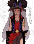  1girl absurdres afro_puffs animification black_gloves brown_eyes brown_gloves brown_hair character_name commentary_request double_bun drill_hair drill_sidelocks evil_smile facial_tattoo frabeejo gloves hair_bun headgear highres insect_wings inu_muchamucha jewelry looking_at_viewer ninja ninpuu_sentai_hurricanger open_clothes open_vest pendant shirt sidelocks sketch sleeveless sleeveless_shirt smile solo standing super_sentai tattoo tokusatsu twin_drills twitter_username upper_body vest wings 