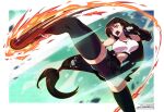  1girl artist_name bare_shoulders black_bra black_shorts black_skirt black_thighhighs boots border bra breasts brown_eyes brown_hair cheesecakes_by_lynx clenched_hands crop_top earrings elbow_gloves elbow_pads final_fantasy final_fantasy_vii final_fantasy_vii_remake fingerless_gloves flaming_foot foot_out_of_frame furry gloves hair_tie jewelry kicking large_breasts long_hair low-tied_long_hair materia midriff miniskirt open_mouth pleated_skirt red_boots sample_watermark shirt shorts single_arm_guard single_elbow_pad skindentation skirt sleeveless sleeveless_shirt solo sports_bra suspenders thighhighs thighs tifa_lockhart underwear upskirt watermark white_border white_shirt 