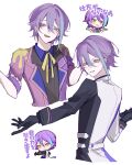  1boy aqua_streaks asymmetrical_hair asymmetrical_sleeves black_gloves black_shirt black_sleeves coat commentary derivative_work earrings gloves hair_between_eyes highres jewelry kamishiro_rui layered_shirt light_blush long_sleeves looking_at_viewer looking_to_the_side male_focus mismatched_sleeves multicolored_coat multicolored_hair multiple_views neck_ribbon official_art_inset official_art_redraw open_mouth project_sekai purple_coat purple_hair raised_inner_eyebrows ribbon shirt short_hair single_earring smile streaked_hair stud_earrings translation_request two-tone_coat untranslatable_commentary weic1217 white_coat yellow_eyes yellow_ribbon 