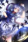  between_fingers blue_dress blue_gloves braid dress fingerless_gloves gloves highres izayoi_sakuya knife looking_at_viewer maid maid_headdress minamina pocket_watch red_eyes scarf silver_hair solo throwing_knife touhou twin_braids watch weapon 