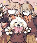  1boy 1girl 1other androgynous animal_ears black_jacket blush bow bowtie closed_eyes closed_mouth crossdressing crossdressing_(mtf) deltarune falling_petals furry furry_female furry_male goat_boy goat_ears goat_horns highres horns jacket kris_(deltarune) kris_(school_uniform)_(deltarune) long_sleeves ocota-cota_(cota) official_alternate_costume open_mouth outstretched_hand petals pink_background pink_bow pink_horns pink_petals ralsei ralsei_(school_uniform) red_bow reptile_girl round_eyewear school_uniform short_hair simple_background skirt smile sparkle sparkle_background susie_(deltarune) susie_(school_uniform)_(deltarune) teeth trap utdr_(toby_fox) v 