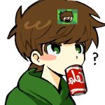  1boy ? animification antenna_hair blush_stickers brown_hair can cola confused drink_can edd_(eddsworld) eddsworld green_eyes green_hoodie hair_behind_ear hood hood_down hoodie looking_at_viewer male_focus official_art_inset portrait qrolto short_hair simple_background single_blush_sticker solo swept_bangs white_background 