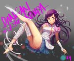  1girl ass bandage barefoot bottomless breasts danganronpa full_body highres long_hair looking_at_viewer mole no_panties purple_eyes purple_hair sem_(honey_sv) shiny_skin single_sock solo super_danganronpa_2 tsumiki_mikan 