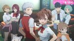  3boys 4girls amada_ken animal baseball_cap black_pants black_skirt bow bowtie brown_eyes brown_hair child closed_eyes closed_mouth collared_shirt commentary_request couch crossed_arms dog dorm food gekkoukan_high_school_uniform ggang8282 green_hair grey_eyes grey_hair hair_ornament hairclip hat highres holding holding_food in-universe_location indoors iori_junpei kirijou_mitsuru korean_commentary korean_text koromaru_(persona) licking_lips long_hair looking_at_viewer making-of_available multiple_boys multiple_girls open_mouth pants persona persona_3 persona_3_portable red_bow red_bowtie red_eyes red_hair red_vest sanada_akihiko school_uniform shiomi_kotone shirt short_hair short_sleeves skirt smile summer_uniform takeba_yukari tongue tongue_out vest white_shirt x_hair_ornament yamagishi_fuuka 