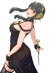  1girl black_dress black_gloves black_hair boots breasts commentary_request cowboy_shot dagger dress eyelashes fingerless_gloves from_side gloves gold_hairband hairband head_back highres holding holding_dagger holding_knife holding_weapon hutarikiri2025 knife large_breasts long_hair looking_at_viewer open_mouth red_eyes simple_background sleeveless sleeveless_dress spy_x_family teeth thigh_boots upper_teeth_only weapon white_background yor_briar 