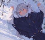 1girl absurdres blue_jacket blue_skirt blush branch character_request copyright_request cowboy_shot day grey_hair hair_tie hands_up highres imfa46 jacket long_hair long_sleeves looking_to_the_side lying on_back on_ground outdoors parted_lips pleated_skirt red_eyes shade sideways_glance skirt snow solo straight_hair sweater turtleneck turtleneck_sweater twintails very_long_hair white_sweater 