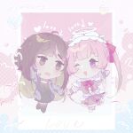  2girls :d ;d absurdres ai-chan_(love_angel_syndrome) blunt_bangs brown_eyes brown_hair cable chest_bow chibi dress drooling full_body gradient_hair grin halo hat highres jacket looking_at_another loose_wires love_angel_syndrome multicolored_hair multiple_girls nurse_cap official_art one_eye_closed outside_border outstretched_arm pastel_colors photo_(object) pink_eyes pink_hair reaching reaching_towards_another sidelocks smile twintails yuri yuuna_(love_angel_syndrome) 