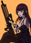  1girl absurdres bare_shoulders brown_gloves brown_pantyhose bullpup commentary_request crossed_legs dress feet_out_of_frame girls'_frontline girls'_frontline_2:_exilium gloves gun highres holding holding_gun holding_weapon light_blush long_hair looking_at_viewer makiatto_(girls'_frontline_2) official_alternate_costume open_mouth orange_background pantyhose purple_dress purple_hair red_eyes rifle simple_background sitting sniper_rifle solo strapless strapless_dress tanko3203 wa2000_(ballroom_interlude)_(girls'_frontline) wa2000_(girls'_frontline) walther_wa_2000 weapon 