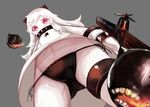  aircraft airplane atg_(wttoo0202) bad_id bad_pixiv_id black_panties covered_mouth cowboy_shot crotch dress foreshortening from_below grey_background horns kantai_collection long_hair looking_at_viewer looking_down mittens navel northern_ocean_hime pale_skin panties red_eyes shinkaisei-kan side-tie_panties sleeveless sleeveless_dress solo thigh_strap underwear upskirt white_dress white_hair 