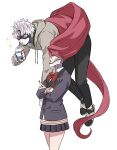  1boy 1girl akiomusubi black_nails black_pants black_shoes bow bowtie collared_shirt commentary_request crossed_arms dandadan drink_carton drinking drinking_straw enjoji_jin evil_eye_(dandadan) grey_hair grey_hoodie grey_jacket grey_skirt hair_between_eyes highres holding holding_drink_carton holding_milk_carton hood hood_down hoodie jacket long_hair milk_carton miniskirt nail_polish pants parted_bangs parted_lips pink_eyes pleated_skirt rectangular_earrings red_bow red_bowtie red_eyes red_nails school_uniform shiratori_aira_(dandadan) shiratori_aira_(transformed)_(dandadan) shirt shoes short_hair skirt sparkle third_eye very_long_hair white_background white_shirt 