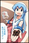  :d anbe_masahiro black_border blue_eyes blue_hair border chocolate dress hat ikamusume kotatsu long_hair looking_at_viewer open_mouth sharing_food shinryaku!_ikamusume smile solo squid_hat sundress table tareme tentacle_hair tentacles tirol_chocolate translated white_dress 