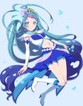  blue_background blue_eyes blue_hair blush boots bubble clearite cure_mermaid earrings elbow_gloves fingerless_gloves flat_chest gloves go!_princess_precure highres jewelry kaidou_minami long_hair looking_at_viewer magical_girl midriff multicolored_hair navel precure purple_hair seashell_earrings smile solo streaked_hair two-tone_hair very_long_hair white_gloves 