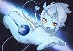  1girl absurdres ahoge blue_oni blue_skin blue_tongue breasts colored_skin colored_tongue demon_tail earth_(planet) eyeliner flat_chest grey_hair highres horns indie_virtual_youtuber kuu_(kuutuber) kuutuber legs looking_at_viewer makeup no_nipples oni planet pointy_ears ponytail red_eyes skin-covered_horns small_breasts solo space star-shaped_pupils star_(symbol) symbol-shaped_pupils tail thighs v virtual_youtuber white_hair yellow_eyeliner 