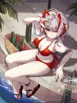  1girl ;) ahoge arknights bikini bottle breasts chinese_commentary cleavage closed_mouth commentary_request demon_girl demon_horns demon_tail flip-flops full_body highres horns large_breasts looking_at_viewer maxin_(xinzhisuozai) nail_polish one_eye_closed outdoors red_bikini red_eyes red_nails sandals short_hair smile solo swimsuit tail toenail_polish toenails w_(arknights) w_(summer)_(arknights) water white_hair wine_bottle 