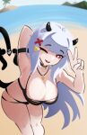  1girl absurdres armpits beach bikini black_bikini black_horns blunt_bangs breasts cleavage commentary cross cross_necklace demon_girl demon_horns demon_tail english_commentary grey_hair hair_ornament highres horns indie_virtual_youtuber inverted_cross inverted_cross_necklace jewelry large_breasts long_hair looking_at_viewer lucy_pyre necklace one_eye_closed open_mouth phase_connect red_eyes reeceyd3 smile solo swimsuit tail thighs triangle_hair_ornament v virtual_youtuber water x_hair_ornament 