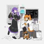  2girls a.i._voice adachi_rei black_dress black_shoes brain brain_in_jar cable closed_eyes commentary dated dress full_body grey_shorts hand_up holding holding_cable index_finger_raised jacket loafers long_sleeves looking_at_viewer multiple_girls orange_eyes orange_hair orange_shoes purple_hair shoes shorts signature sitting sneakers standing tsukumo_shion untranslatable_commentary utau white_jacket yuu_(tangzeyuu) 
