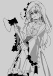 1girl absurdres axe bib_collar commentary_request cow cross cross-laced_clothes cross-laced_dress cross_earrings cross_ornament dress earrings frilled_dress frilled_sleeves frills greyscale hairpin_(user_jnap7255) highres hikami_meruru holding holding_axe jewelry layered_dress long_hair long_sleeves mahou_shoujo_no_majo_saiban monochrome partial_commentary priestess simple_background solo spoilers veil white_veil wide_sleeves 