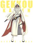  1girl belt black_eyes black_hair boots breasts bridal_gauntlets character_name cloak commentary copyright_name covered_mouth covered_navel crescent dark-skinned_female dark_skin dress dual_wielding full_body gekkou_kamen gekkou_kamen_(series) gun head_chain highres holding holding_gun holding_weapon holster hood hood_up invisible_floor jewelry jinri_shijie large_breasts long_sleeves looking_at_viewer loose_belt necklace pearl_necklace revolver rider_belt scarf simple_background solo standing straight-on thigh_boots thigh_strap tokusatsu weapon white_background white_boots white_cloak white_dress wide_sleeves zettai_ryouiki 