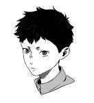  1boy aged_down child closed_mouth greyscale looking_at_viewer male_focus monochrome persona persona_5 raph_(raphodraws) sakamoto_ryuji short_hair simple_background solo white_background zipper zipper_pull_tab 