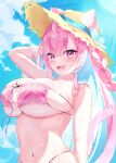 1girl ahoge animal_ears arm_up bare_shoulders bikini blue_flower blue_hair blue_sky blush braid breasts cat_ears cat_girl cat_tail collarbone colored_inner_hair commentary_request day eyepatch_bikini flower hanahane(haruu) hat hat_flower highres indie_virtual_youtuber large_breasts long_hair looking_at_viewer multicolored_hair navel open_mouth outdoors pink_bikini pink_eyes pink_hair pink_tail signature sky smile solo stomach sun_hat swimsuit tail two-tone_hair two_side_up virtual_youtuber yellow_hat yuuki_sakuna 