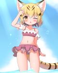  1girl absurdres animal_ear_fluff animal_ears arm_up bare_shoulders bikini black_hair blonde_hair blue_sky blush breasts cat_ears cat_girl cat_tail chestnut_mouth cloud collarbone commentary_request day frilled_bikini frills highres kemono_friends looking_at_viewer multicolored_hair navel one_eye_closed orange_eyes outdoors parted_lips pink_bikini sand_cat_(kemono_friends) shin01571 short_hair sky small_breasts solo standing striped_tail swimsuit tail two-tone_hair wading water 