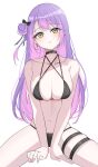  1girl absurdres alternate_breast_size_(larger) alternate_costume between_legs bikini black_bikini black_choker breasts choker cleavage colored_inner_hair commentary demon_girl dreamoon ear_piercing earrings gradient_hair green_eyes hair_bun hand_between_own_legs highres hololive jewelry large_breasts long_hair looking_at_viewer multi-strapped_bikini_top multicolored_hair multiple_thigh_straps navel official_alternate_hairstyle one_side_up parted_lips piercing pink_hair pointy_ears purple_hair side_up_bun simple_background single_hair_bun sitting solo stomach straight-on swimsuit thigh_strap tokoyami_towa untranslatable_commentary virtual_youtuber white_background 