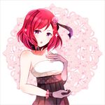  bad_id bad_pixiv_id blush choker collar dress elbow_gloves flower gloves hair_flower hair_ornament hair_ribbon hand_on_own_chest lace looking_at_viewer love_live! love_live!_school_idol_project mismatched_gloves nishikino_maki open_mouth polka_dot polka_dot_ribbon purple_eyes purple_gloves red_hair revision ribbon rose short_hair single_elbow_glove solo strapless strapless_dress yugamu_neiro 