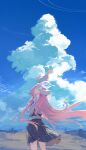  1girl absurdres ahoge arm_behind_head arm_up black_skirt blue_archive blue_sky cloud commentary_request day from_behind halo highres hoshino_(blue_archive) karasu_btk long_hair long_sleeves outdoors pink_hair plaid_clothes plaid_skirt shirt skirt sky solo standing very_long_hair white_halo white_shirt 
